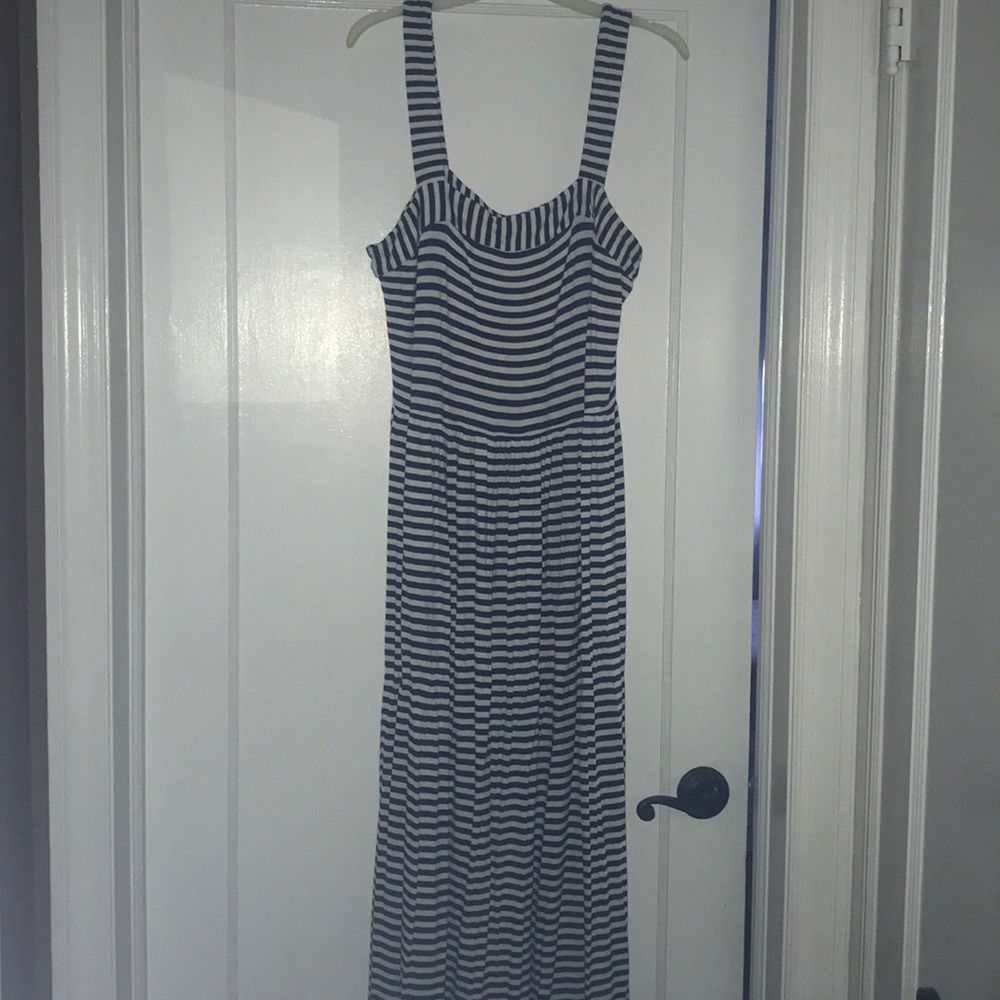 Blue and white striped maxi dress